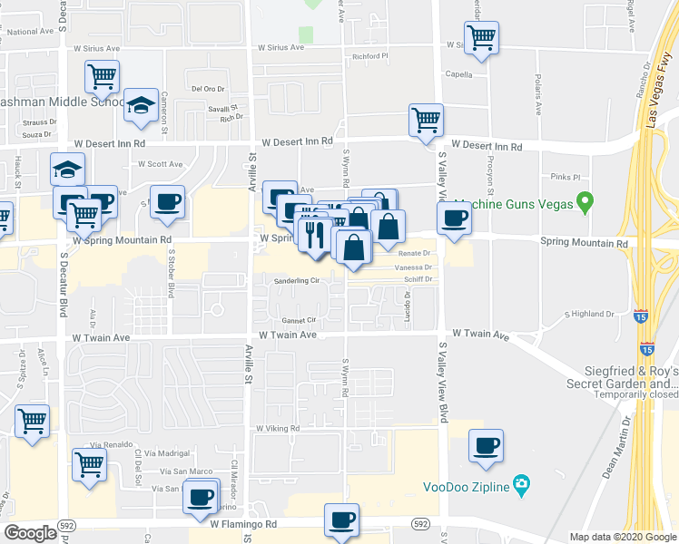 map of restaurants, bars, coffee shops, grocery stores, and more near 4151 Sanderling Circle in Las Vegas