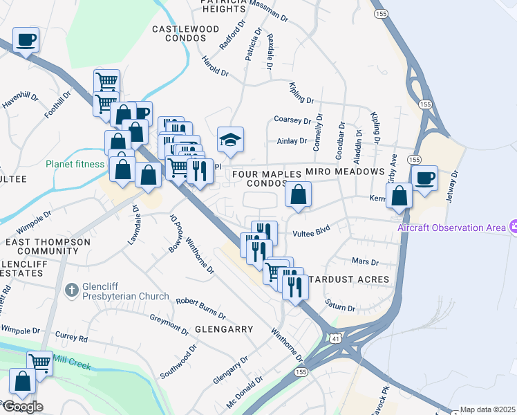 map of restaurants, bars, coffee shops, grocery stores, and more near 1150 Vultee Boulevard in Nashville