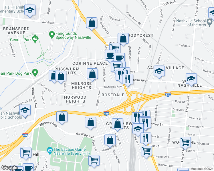 map of restaurants, bars, coffee shops, grocery stores, and more near 2202 Winford Avenue in Nashville