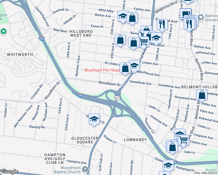 map of restaurants, bars, coffee shops, grocery stores, and more near 2601 21st Avenue South in Nashville