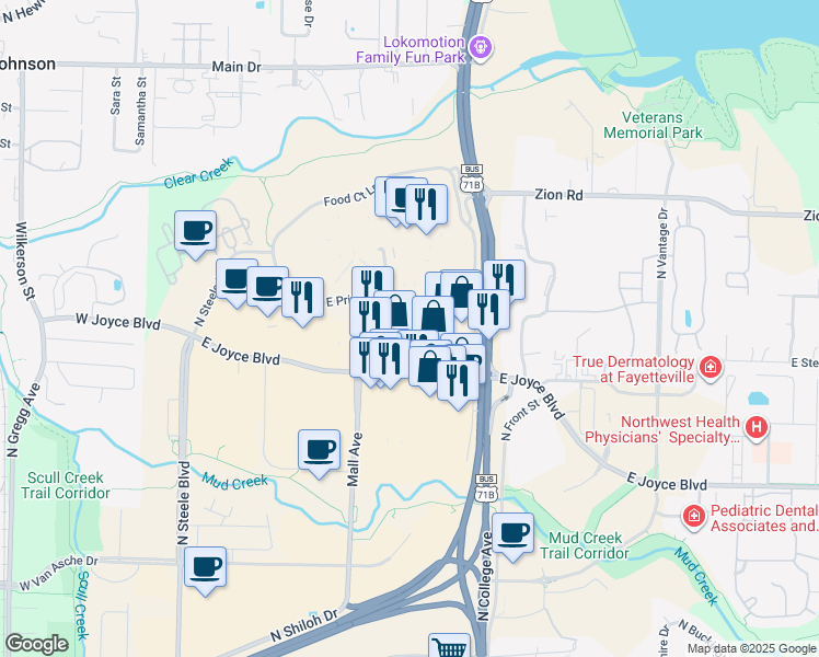 map of restaurants, bars, coffee shops, grocery stores, and more near 670 East Joyce Boulevard in Fayetteville