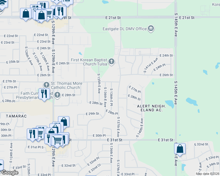 map of restaurants, bars, coffee shops, grocery stores, and more near 2739 South 136th East Place in Tulsa