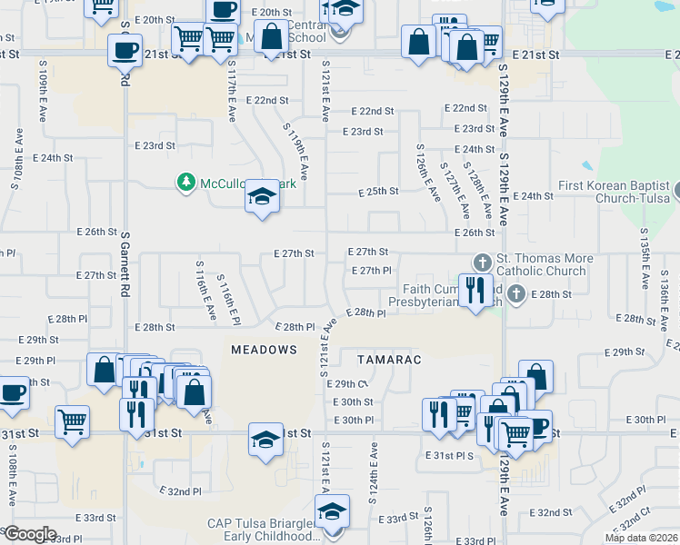 map of restaurants, bars, coffee shops, grocery stores, and more near 2804 South 122nd East Avenue in Tulsa