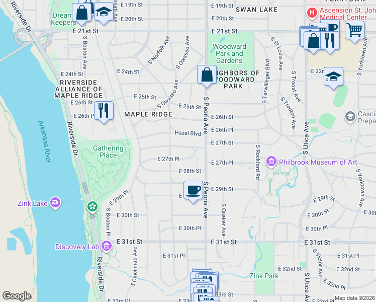 map of restaurants, bars, coffee shops, grocery stores, and more near 1228 East 27th Place in Tulsa
