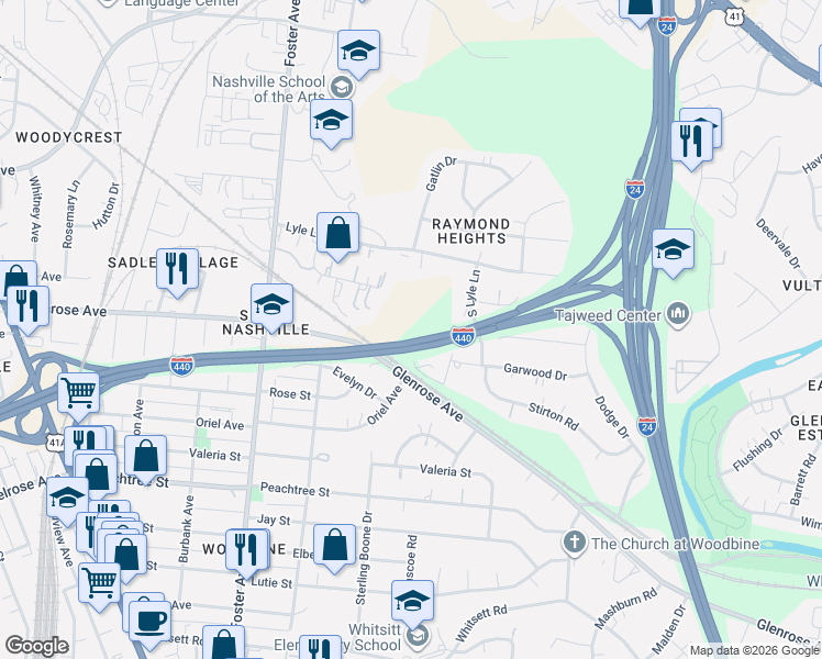 map of restaurants, bars, coffee shops, grocery stores, and more near 2113 Lyle Court in Nashville