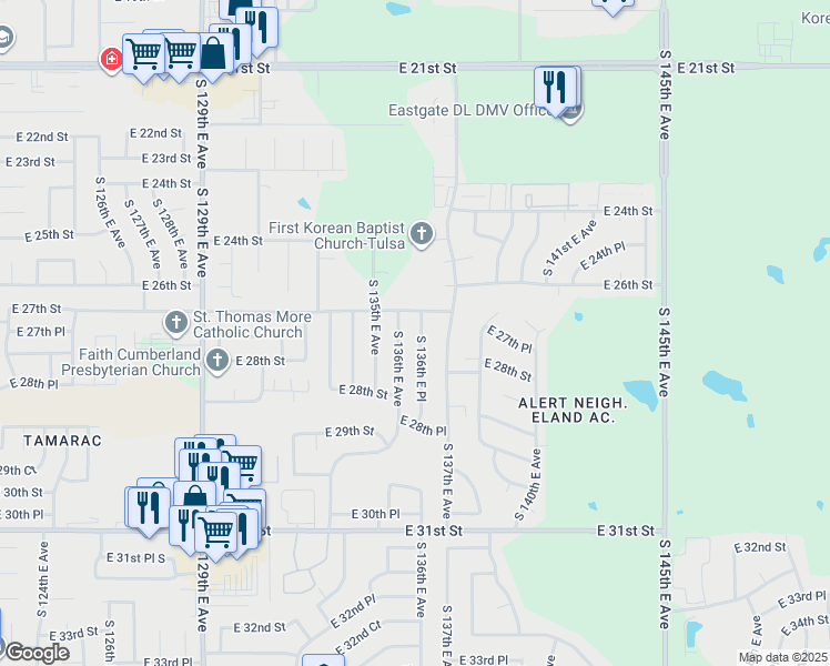 map of restaurants, bars, coffee shops, grocery stores, and more near 2739 South 136th East Place in Tulsa