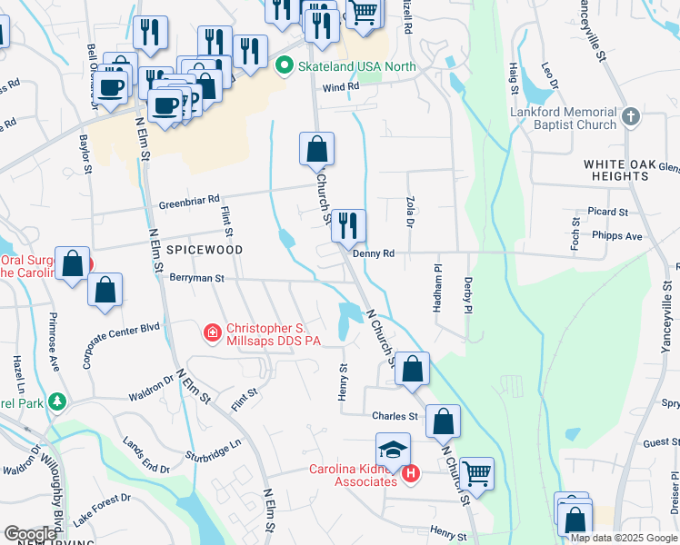 map of restaurants, bars, coffee shops, grocery stores, and more near 3429 North Church Street in Greensboro