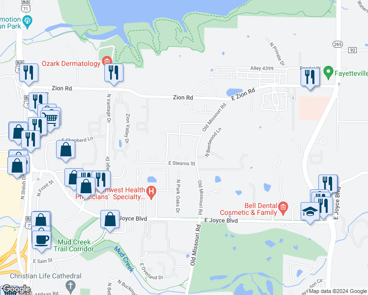 map of restaurants, bars, coffee shops, grocery stores, and more near 4080 North Sunflower Circle in Fayetteville