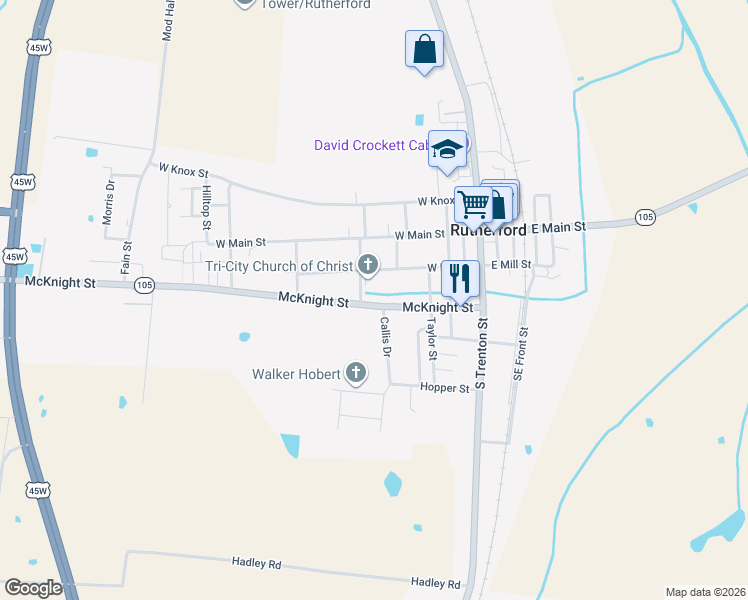 map of restaurants, bars, coffee shops, grocery stores, and more near 105 Callis Drive in Rutherford