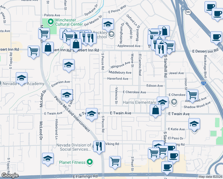 map of restaurants, bars, coffee shops, grocery stores, and more near 3456 East Cherokee Avenue in Las Vegas