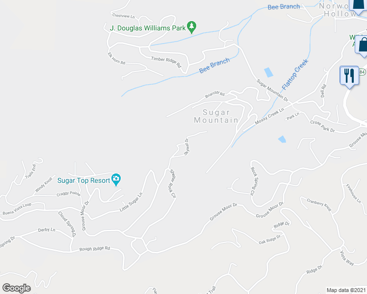 map of restaurants, bars, coffee shops, grocery stores, and more near 378 Skyleaf Drive in Sugar Mountain