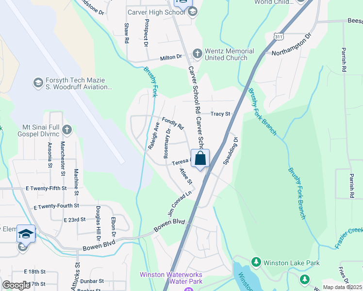 map of restaurants, bars, coffee shops, grocery stores, and more near 3016 Myra Street in Winston-Salem