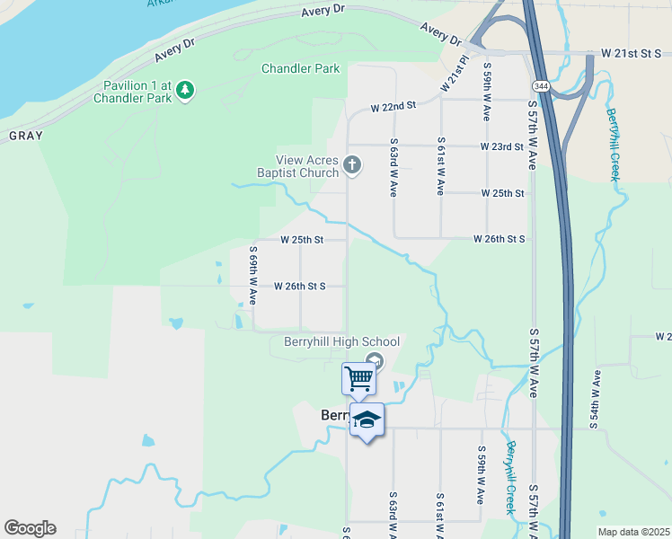 map of restaurants, bars, coffee shops, grocery stores, and more near 2530 South 65th West Avenue in Tulsa
