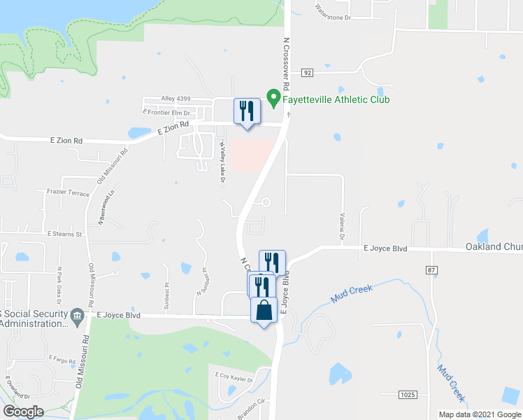 map of restaurants, bars, coffee shops, grocery stores, and more near 2929 East Sterling Court in Fayetteville