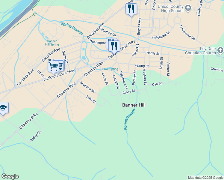 map of restaurants, bars, coffee shops, grocery stores, and more near 145 Kerns Street in Erwin