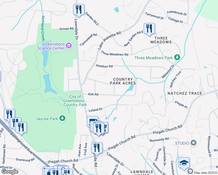 map of restaurants, bars, coffee shops, grocery stores, and more near 210 Country Park Road in Greensboro
