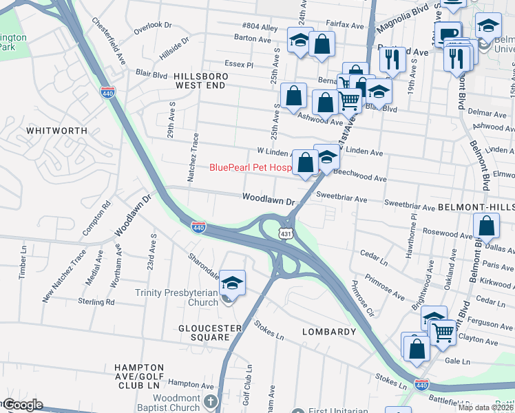 map of restaurants, bars, coffee shops, grocery stores, and more near 2601 Hillsboro Pike in Nashville