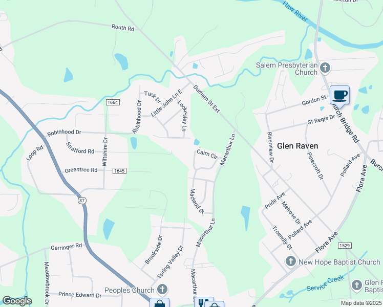 map of restaurants, bars, coffee shops, grocery stores, and more near 668 Cairn Circle in Burlington