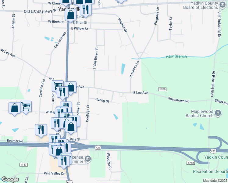 map of restaurants, bars, coffee shops, grocery stores, and more near 301 Spring Street in Yadkinville