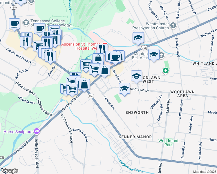 map of restaurants, bars, coffee shops, grocery stores, and more near 4400 Ridgefield Way in Nashville