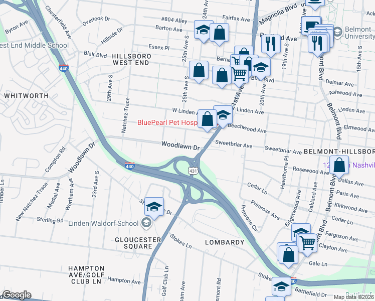 map of restaurants, bars, coffee shops, grocery stores, and more near 2601 Hillsboro Pike in Nashville