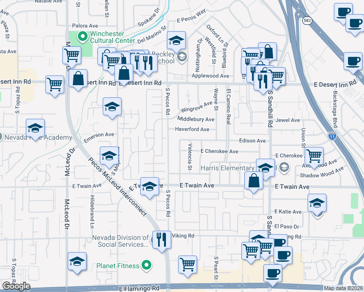 map of restaurants, bars, coffee shops, grocery stores, and more near 3456 East Cherokee Avenue in Las Vegas
