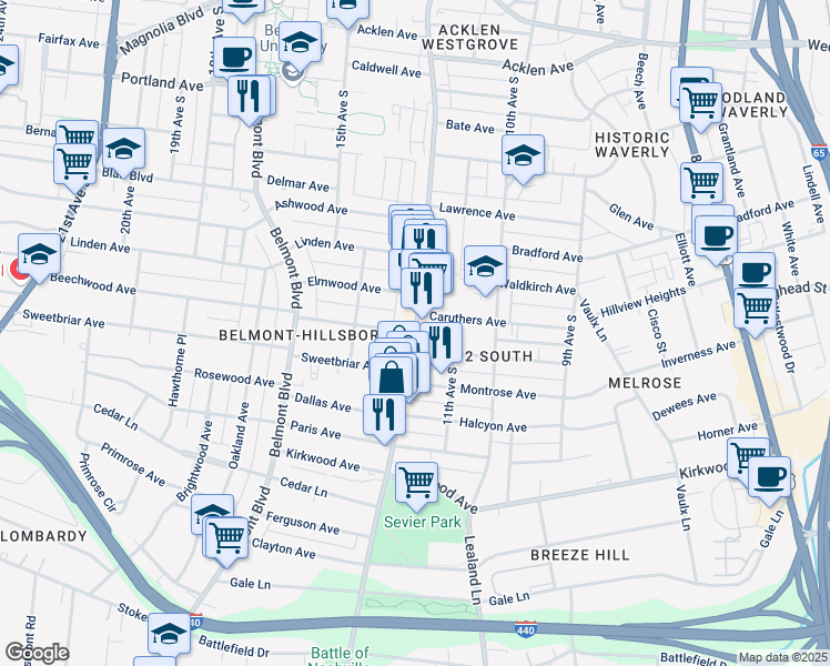 map of restaurants, bars, coffee shops, grocery stores, and more near 12th Avenue South & Beechwood Avenue in Nashville