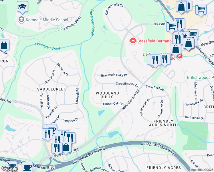 map of restaurants, bars, coffee shops, grocery stores, and more near 3609 Crosstimbers Drive in Greensboro