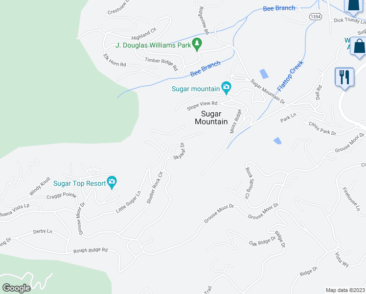 map of restaurants, bars, coffee shops, grocery stores, and more near Skyleaf Drive in Sugar Mountain