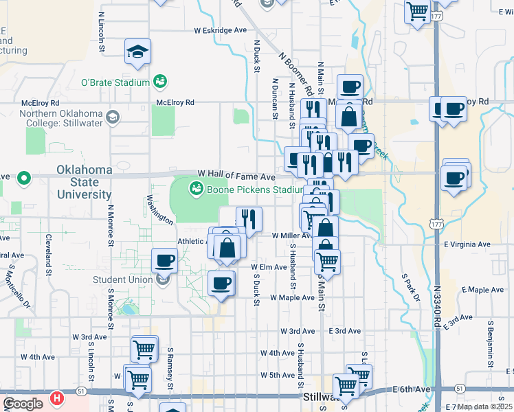 map of restaurants, bars, coffee shops, grocery stores, and more near 401 West Mathews Avenue in Stillwater