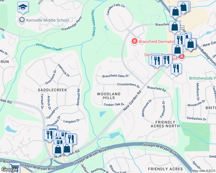map of restaurants, bars, coffee shops, grocery stores, and more near 3609 Crosstimbers Drive in Greensboro