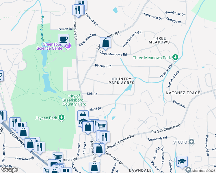 map of restaurants, bars, coffee shops, grocery stores, and more near 210 Country Park Road in Greensboro