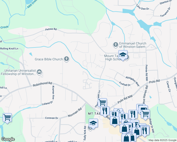 map of restaurants, bars, coffee shops, grocery stores, and more near 3999 Valley Court in Winston-Salem
