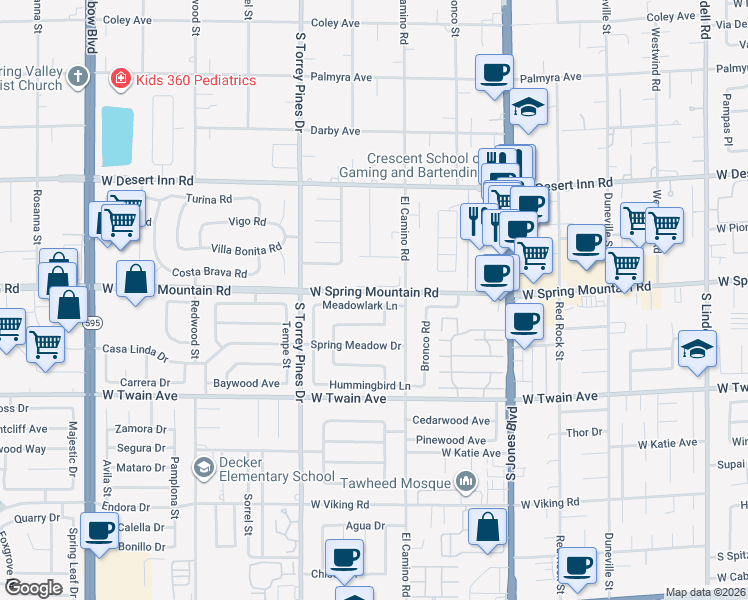 map of restaurants, bars, coffee shops, grocery stores, and more near 6392 Spring Mountain Road in Las Vegas