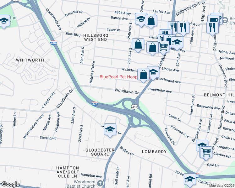map of restaurants, bars, coffee shops, grocery stores, and more near 2601 Hillsboro Pike in Nashville