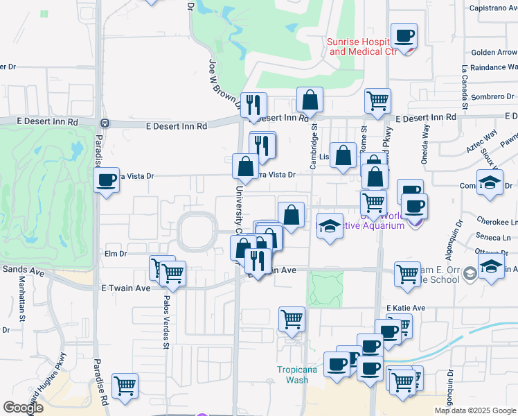 map of restaurants, bars, coffee shops, grocery stores, and more near 3540 South University Center Drive in Las Vegas