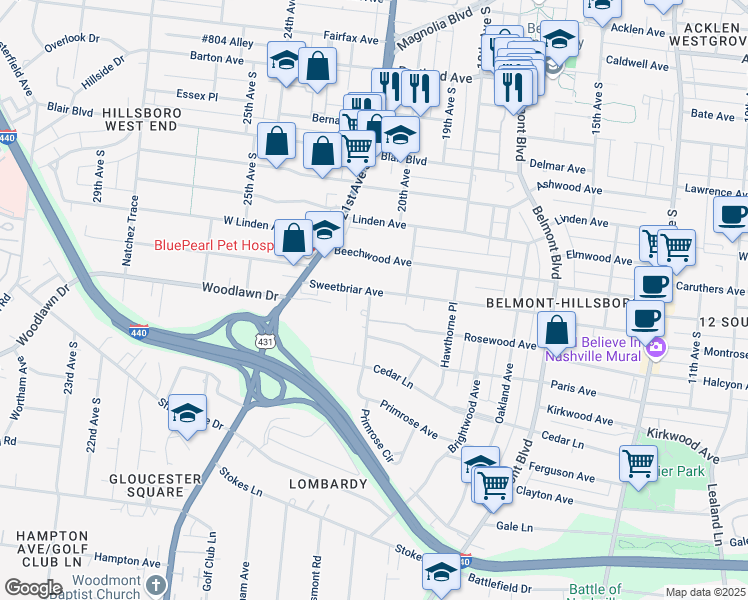 map of restaurants, bars, coffee shops, grocery stores, and more near 1915 Sweetbriar Avenue in Nashville