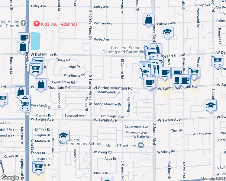 map of restaurants, bars, coffee shops, grocery stores, and more near 6358 Meadowlark Lane in Las Vegas