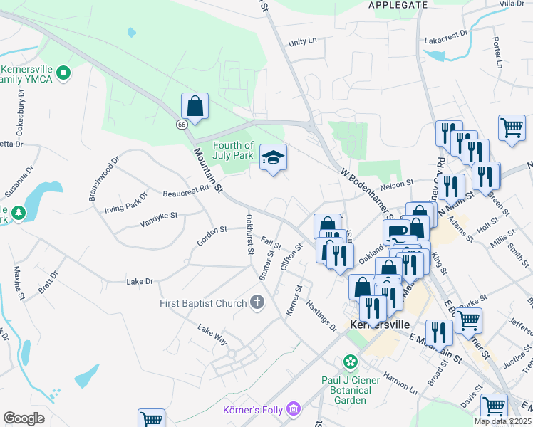 map of restaurants, bars, coffee shops, grocery stores, and more near 512 West Mountain Street in Kernersville