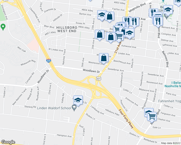 map of restaurants, bars, coffee shops, grocery stores, and more near 2601 21st Avenue South in Nashville