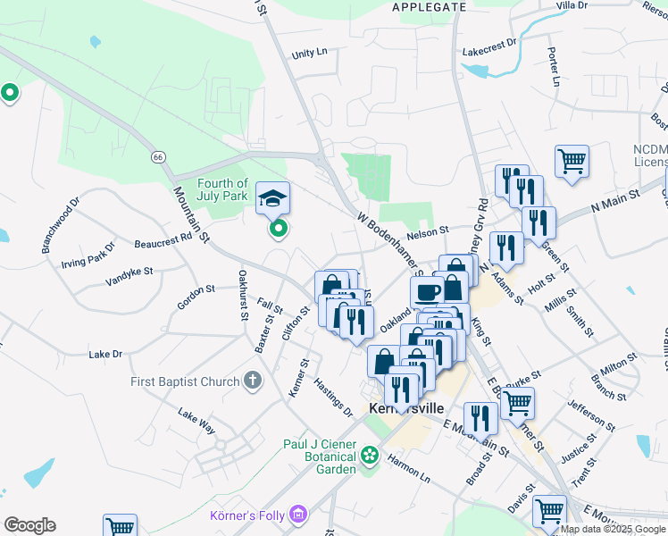 map of restaurants, bars, coffee shops, grocery stores, and more near 120 Nelson Street in Kernersville