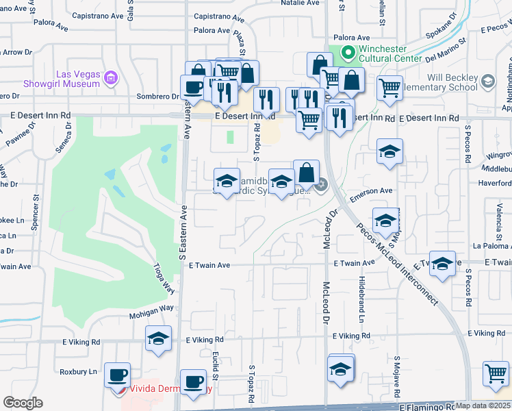 map of restaurants, bars, coffee shops, grocery stores, and more near 2595 Aviv Court in Las Vegas