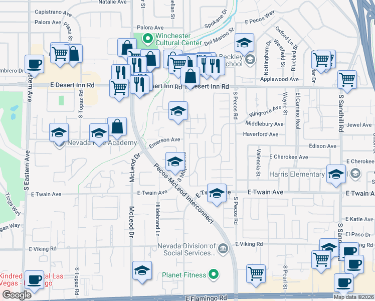 map of restaurants, bars, coffee shops, grocery stores, and more near 3543 Haverhill Street in Las Vegas