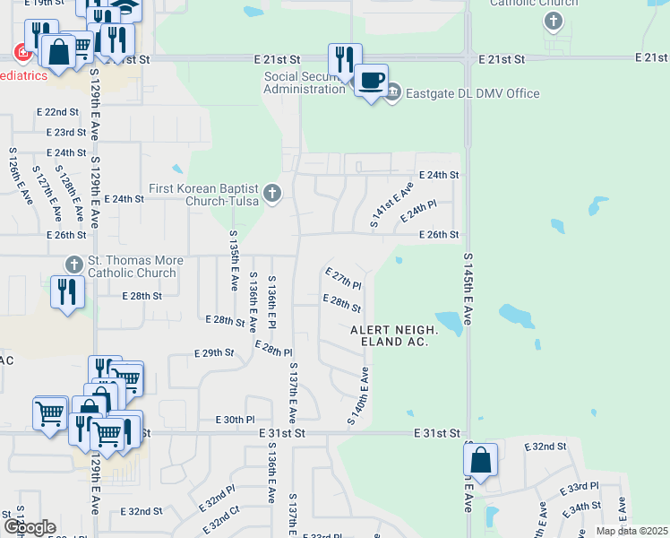map of restaurants, bars, coffee shops, grocery stores, and more near 13809 East 27th Place in Tulsa