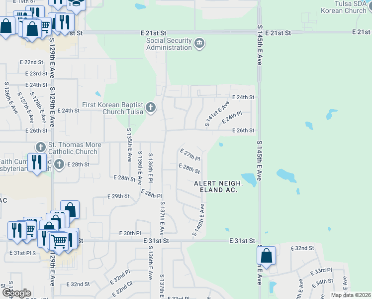 map of restaurants, bars, coffee shops, grocery stores, and more near 2703 South 138th East Avenue in Tulsa