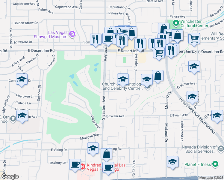 map of restaurants, bars, coffee shops, grocery stores, and more near 2455 Palmera Drive in Las Vegas