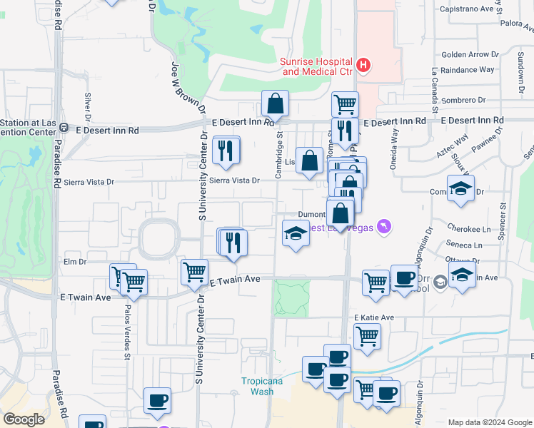 map of restaurants, bars, coffee shops, grocery stores, and more near 1025 Sierra Vista Drive in Las Vegas