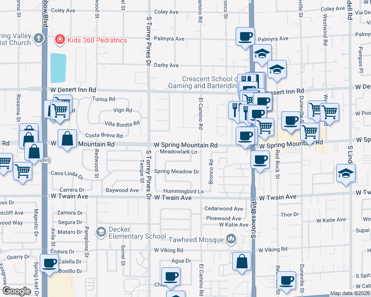 map of restaurants, bars, coffee shops, grocery stores, and more near 6392 Spring Mountain Road in Las Vegas