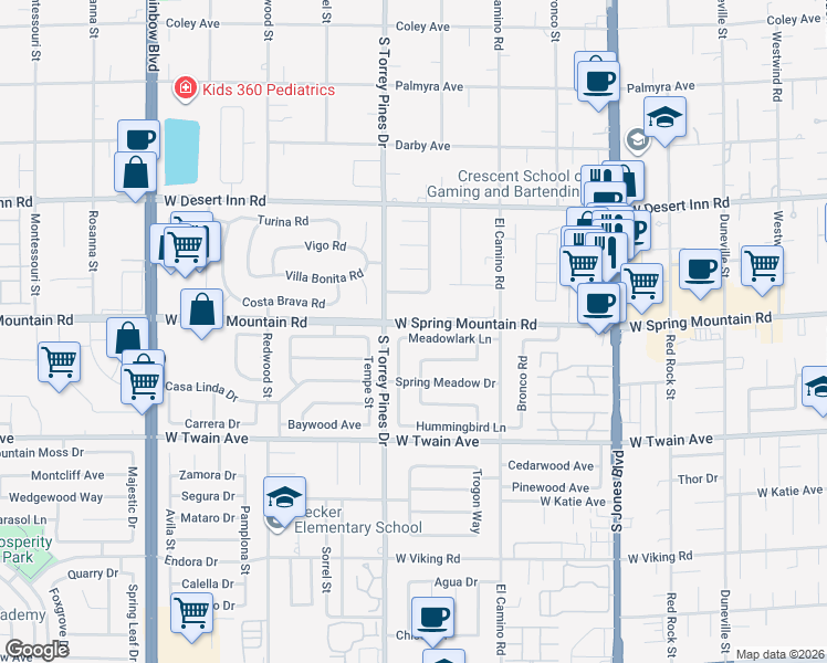 map of restaurants, bars, coffee shops, grocery stores, and more near 6450 Spring Mountain Road in Las Vegas