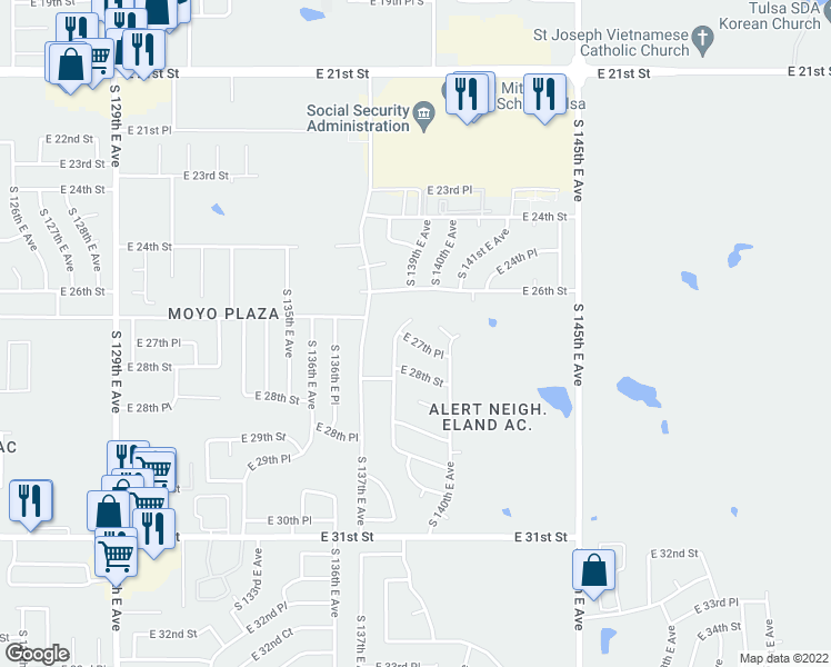 map of restaurants, bars, coffee shops, grocery stores, and more near 2703 South 138th East Avenue in Tulsa